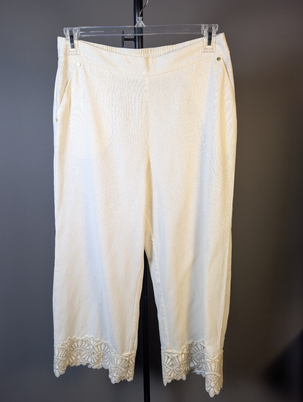Anne Klein Cream Linen Blend Straight Leg Ankle Pants Lace Hem Size M A-244 - Picture 2 of 10